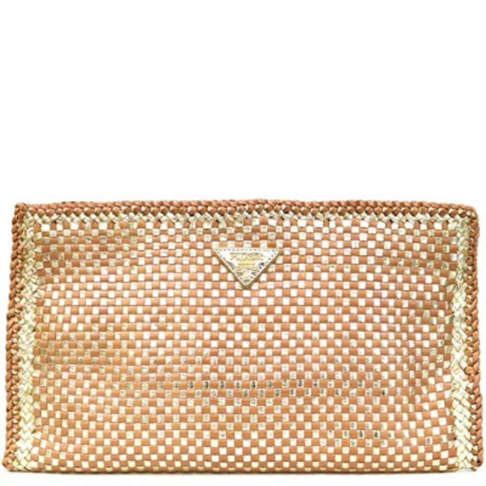 Prada Madras Woven Leather Clutch gold brown triangle